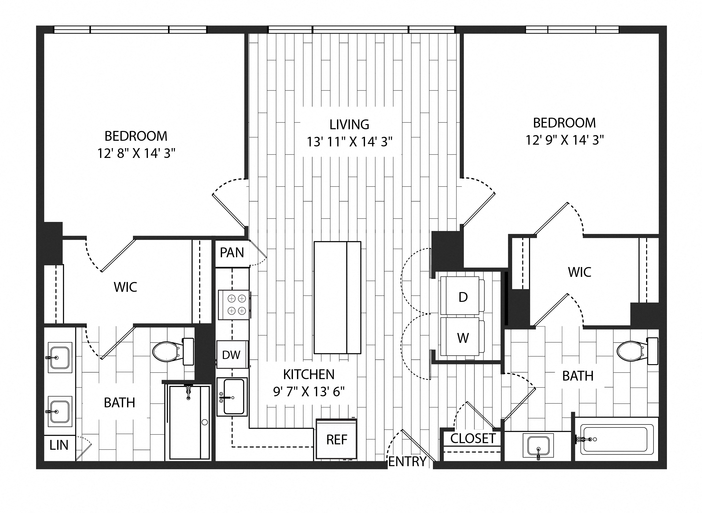 Floor plan for 2 beds, 2 baths, 1156 sqft